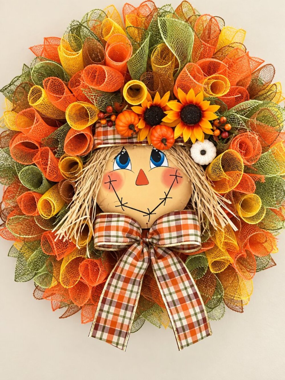 Handmade Fall Scarecrow Wreath Sunflower Deco Mesh Autumn Door Decor